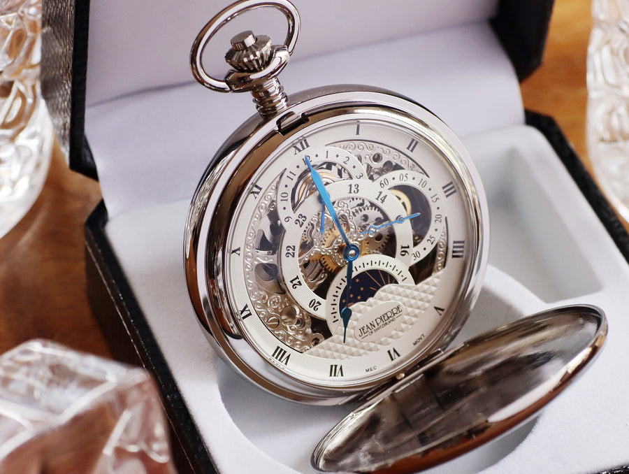 Engraved Jean Pierre of Switzerland Pocket Watch | Skeleton Dual Time Groomsmen Gift | Personalized Anniversary Gift for Men