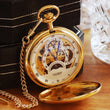 Load image into Gallery viewer, Engraved Jean Pierre of Switzerland Pocket Watch | Gold Plated Skeleton Dual Time Groomsmen Gift | Personalized Anniversary Gift for Men
