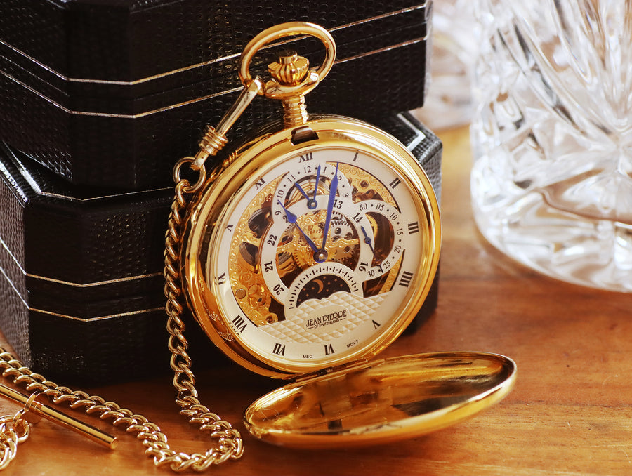 Jean Pierre® of Switzerland Moon Display Gold Pocket Watch