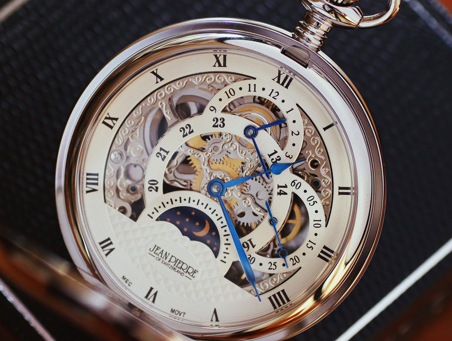Engraved Jean Pierre of Switzerland Pocket Watch | Skeleton Dual Time Groomsmen Gift | Personalized Anniversary Gift for Men