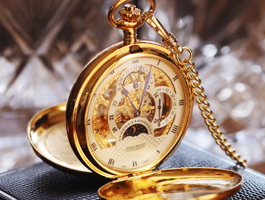 Jean Pierre® of Switzerland Moon Display Gold Pocket Watch