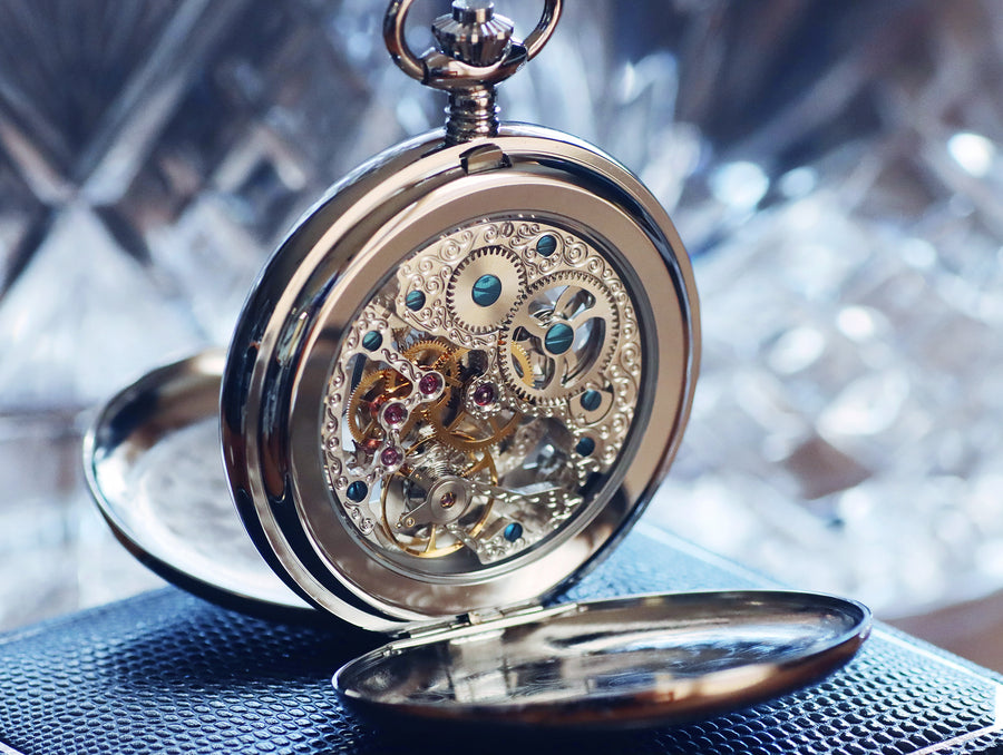 Engraved Jean Pierre of Switzerland Pocket Watch | Skeleton Dual Time Groomsmen Gift | Personalized Anniversary Gift for Men