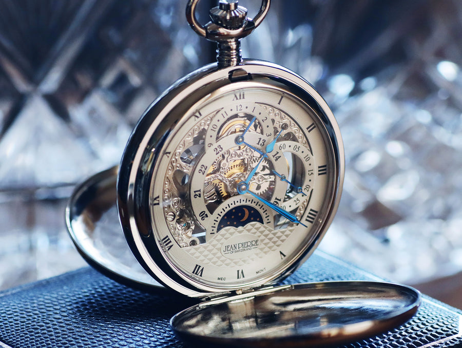 Engraved Jean Pierre of Switzerland Pocket Watch | Skeleton Dual Time Groomsmen Gift | Personalized Anniversary Gift for Men