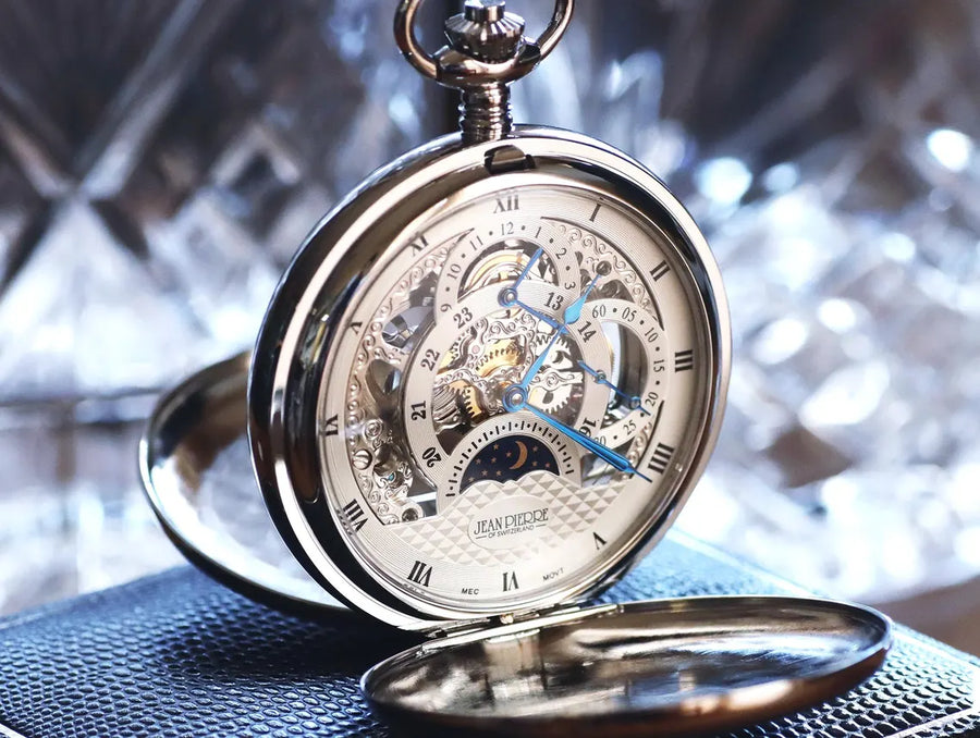 Engraved Jean Pierre of Switzerland Pocket Watch | Skeleton Dual Time Groomsmen Gift | Personalized Anniversary Gift for Men