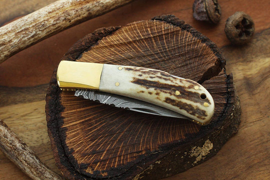 Stag Horn Damascus Steel Knife Personalized Groomsman Gift, Damascus Steel Blade Knives