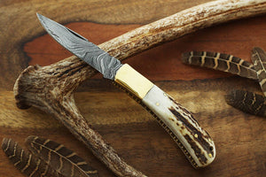 Stag Horn Damascus Steel Knife Personalized Groomsman Gift, Damascus Steel Blade Knives