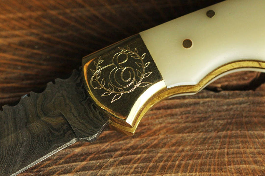 Damascus Steel Folding Pocket Knife Personalized Groomsman Gift with White Bone Handle and Leather Sheath