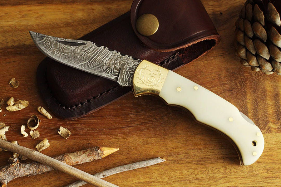 Damascus Steel Folding Pocket Knife Personalized Groomsman Gift with White Bone Handle and Leather Sheath