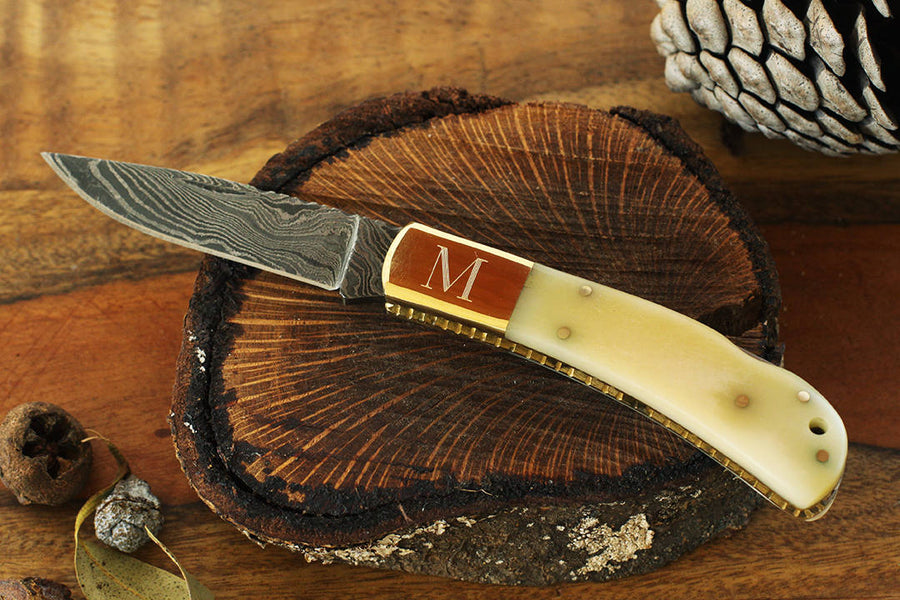 Bone Handle Damascus Steel Knife, Groomsman Pocket Knife, Personalized Damascus Steel Blade Knives