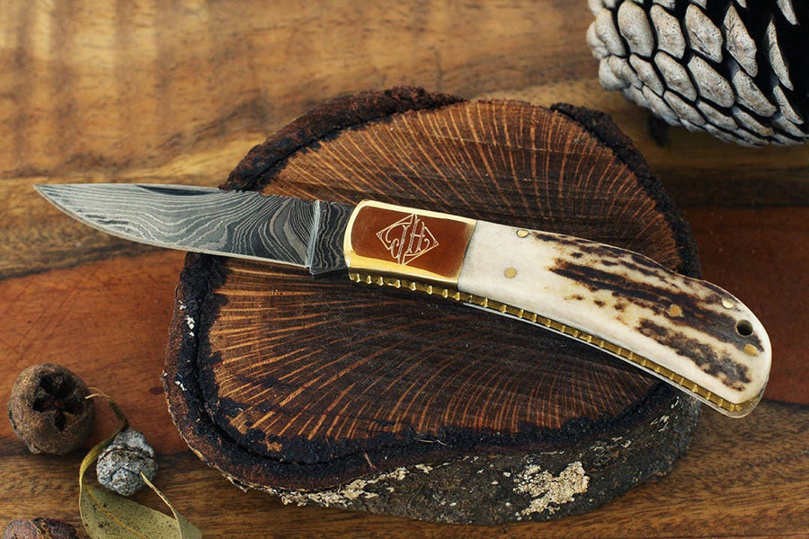 Stag Horn Damascus Steel Knife Personalized Groomsman Gift, Damascus Steel Blade Knives