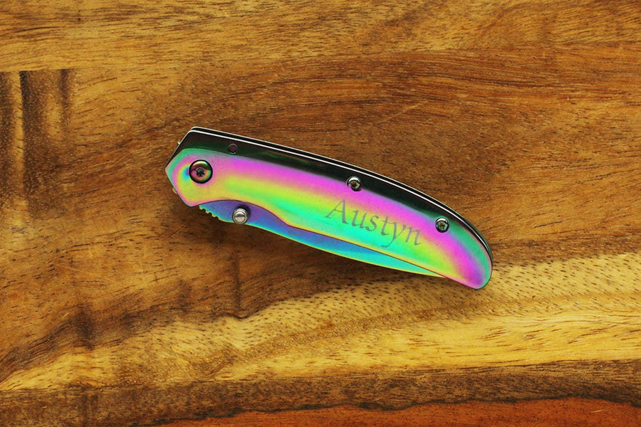 Holographic Clip Knife, Personalized Holo Knife, Engraved Rainbow Knife