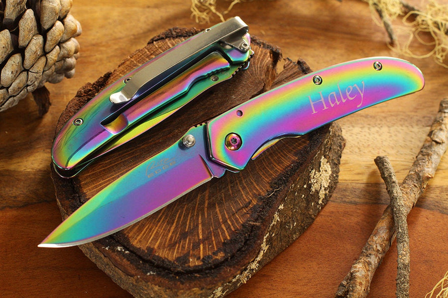 Holographic Clip Knife, Personalized Holo Knife, Engraved Rainbow Knife