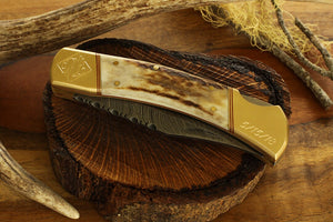 Large Stag Horn Damascus Steel Knife with Leather Sheath, Personalized Groomsman Pocket Knife