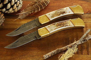 Large Stag Horn Damascus Steel Knife with Leather Sheath, Personalized Groomsman Pocket Knife