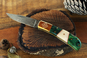 Damascus Pocket Knife with Green Wood & Bone Handle Personalized Groomsman Pocket Knife, Damascus Knives with Emerald Color Wood Handle