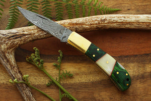 Damascus Pocket Knife with Green Wood & Bone Handle Personalized Groomsman Pocket Knife, Damascus Knives with Emerald Color Wood Handle