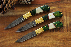 Damascus Pocket Knife with Green Wood & Bone Handle Personalized Groomsman Pocket Knife, Damascus Knives with Emerald Color Wood Handle