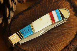 Double Blade Pocket Knife, Inlaid Turquoise Colored Folding Knife, Pocket Knife Engraved