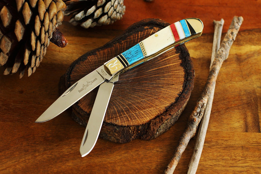 Double Blade Pocket Knife, Inlaid Turquoise Colored Folding Knife, Pocket Knife Engraved