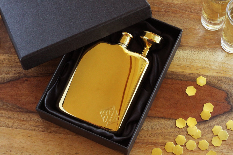 Gold Personalized Flask With Funnel and Gift Box, Funnel Included, Engraved Gold Flask, Personalized Bridesmaid Flask