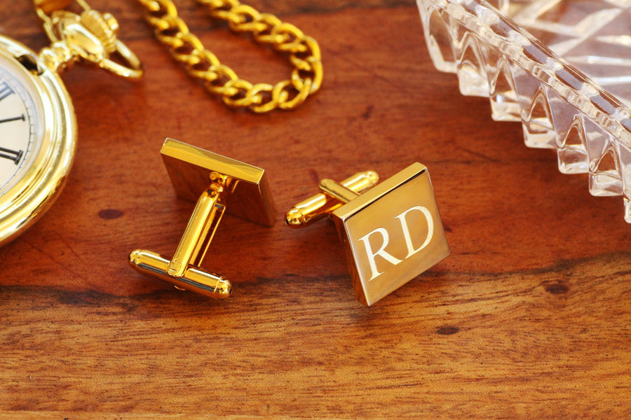 Engraved Gold Cufflinks, Personalized Groomsmen Cufflinks, Square Monogramed Cufflinks