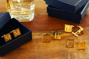 Engraved Gold Cufflinks, Personalized Groomsmen Cufflinks, Square Monogramed Cufflinks