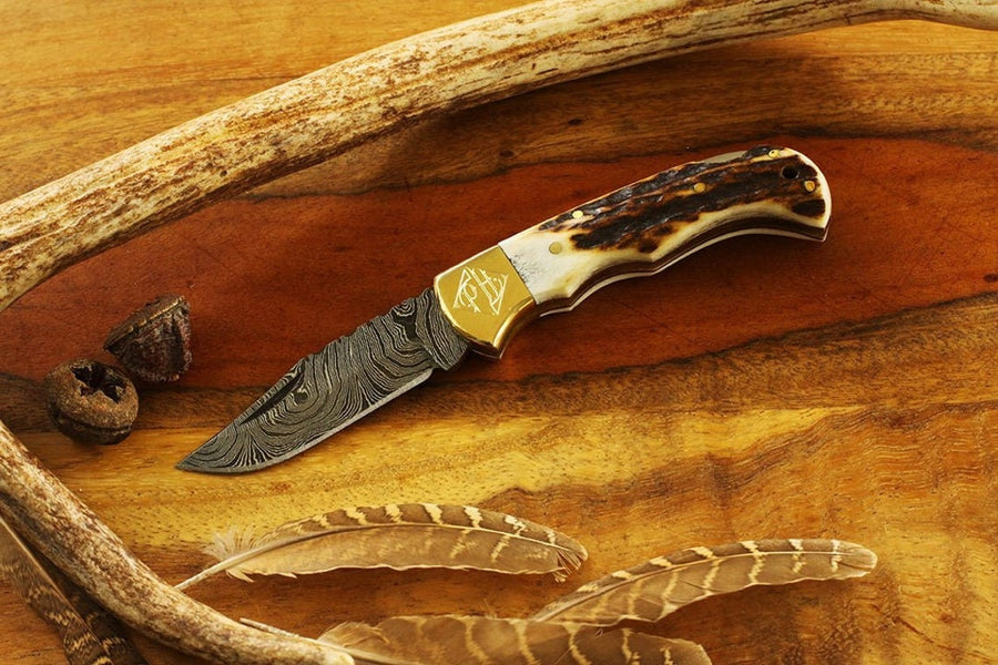 Personalized Groomsmen Stag Horn Handle Damascus Pocket Knife, Anniversary Gift for Him, Minimalist