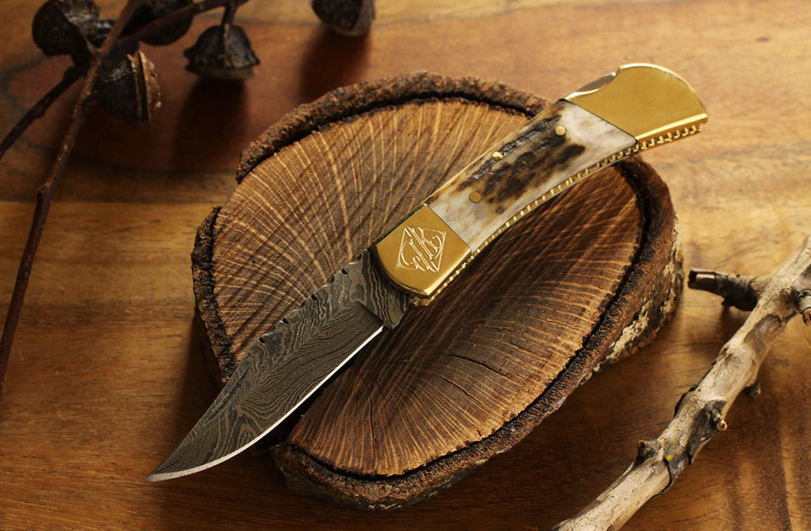 Stag Horn Damascus Knife, Personalized Groomsman Pocket Knife with Damascus Steel Blade