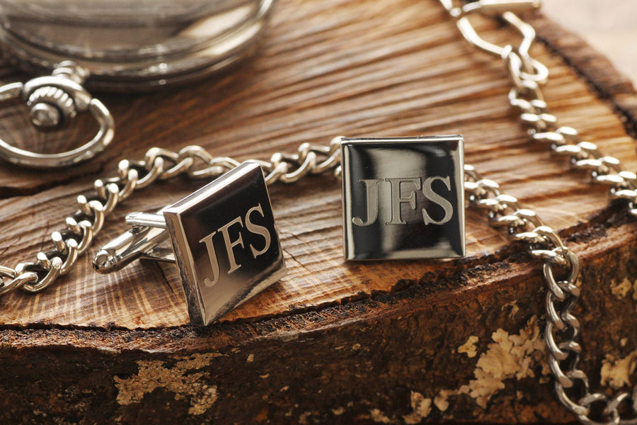 Engraved Silver Steel Cufflinks, Personalized Groomsmen Cufflinks, Square Monogramed Cufflinks