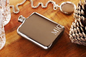 Engraved Silver Flask with Back Side Custom Text, High Polished Stainless Steel Flask, Personalized Groomsman or Bridesmaid Flask