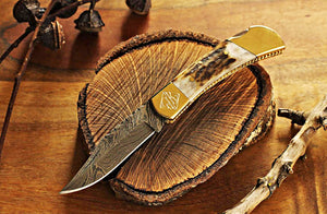 Stag Horn Damascus Knife, Personalized Groomsman Pocket Knife with Damascus Steel Blade