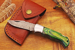 Engraved Damascus Pocket Knife with Leather Sheath and Green Wood Handle, Silver Bolster Engraved Damascus Folding Knife