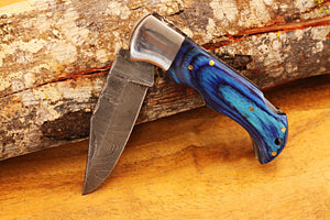 Engraved Damascus Pocket Knife with Leather Sheath and Blue Wood Handle, Silver Bolster Engraved Damascus Folding Knife