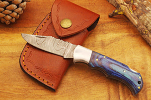 Engraved Damascus Pocket Knife with Leather Sheath and Blue Wood Handle, Silver Bolster Engraved Damascus Folding Knife