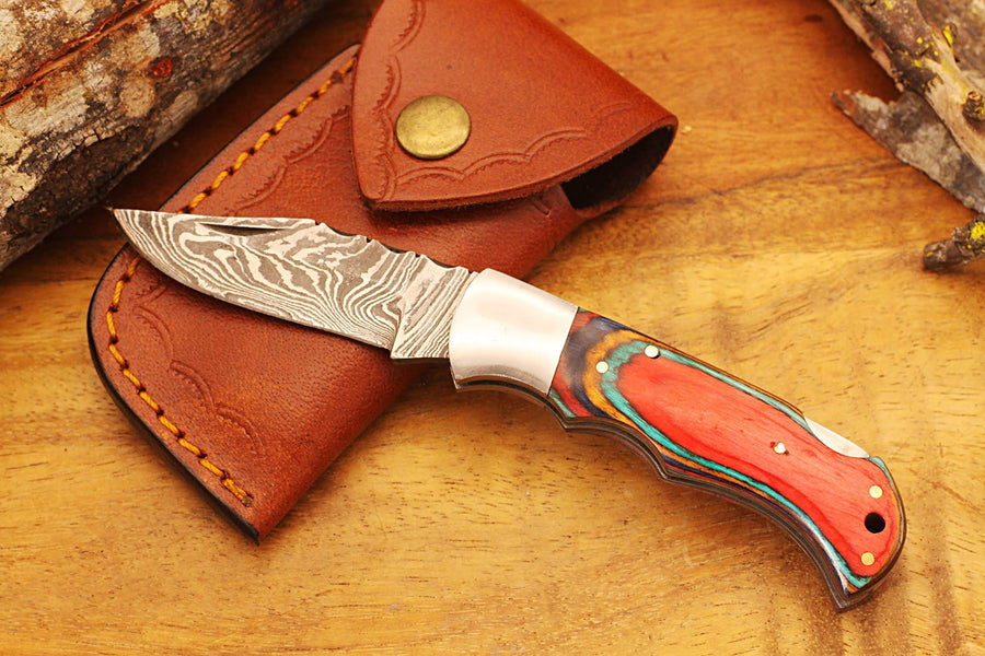 Engraved Damascus Pocket Knife with Leather Sheath and Multi Color Wood Handle, Silver Bolster Personalized Damascus Folding Knife