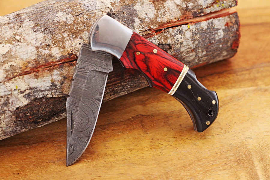 Engraved Damascus Pocket Knife with Leather Sheath - Black and Red Wood Handle - Personalized Damascus Folding Knife