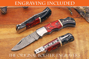 Engraved Damascus Pocket Knife with Leather Sheath - Black and Red Wood Handle - Personalized Damascus Folding Knife