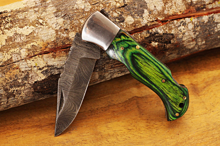 Engraved Damascus Pocket Knife with Leather Sheath and Green Wood Handle, Silver Bolster Engraved Damascus Folding Knife