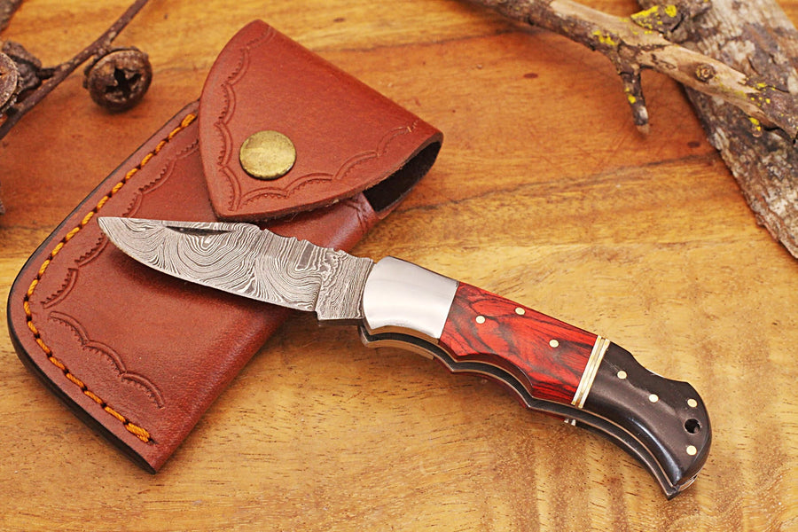 Engraved Damascus Pocket Knife with Leather Sheath - Black and Red Wood Handle - Personalized Damascus Folding Knife