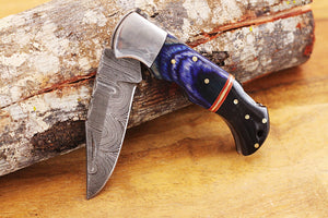 Engraved Damascus Pocket Knife with Leather Sheath and Black and Blue Wood Handle, Personalized Damascus Folding Knife for Him