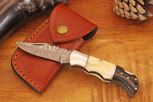 Engraved Damascus Pocket Knife with Leather Sheath - Black Horn and White Bone - Personalized Damascus Folding Knife