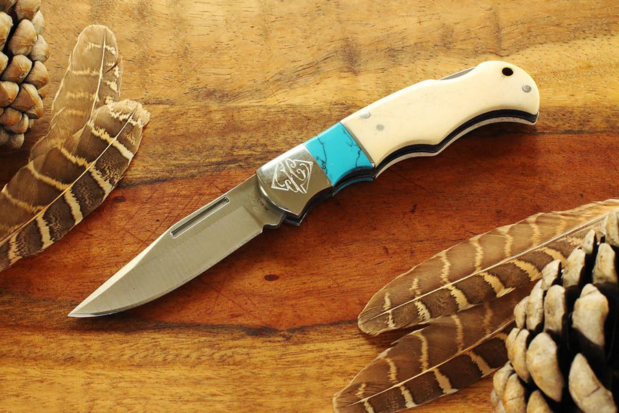 White Bone Lock Back Knife with Faux Turquoise, Minimalist Gift for Her