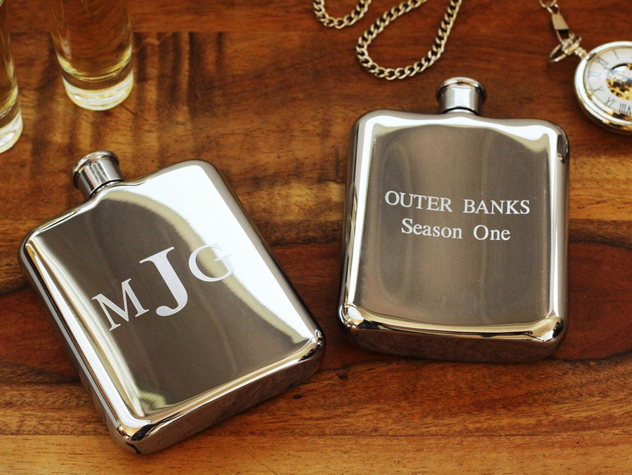Engraved Silver Flask with Back Side Custom Text, High Polished Stainless Steel Flask, Personalized Groomsman or Bridesmaid Flask