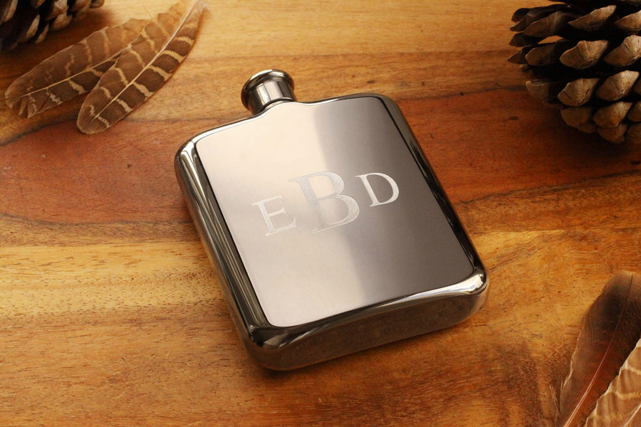 Silver Flask with Gift Box and Funnel, Groomsman Classic Personalized Flask, Groomsmen Custom Monogram Flask, Gifts for the Groom