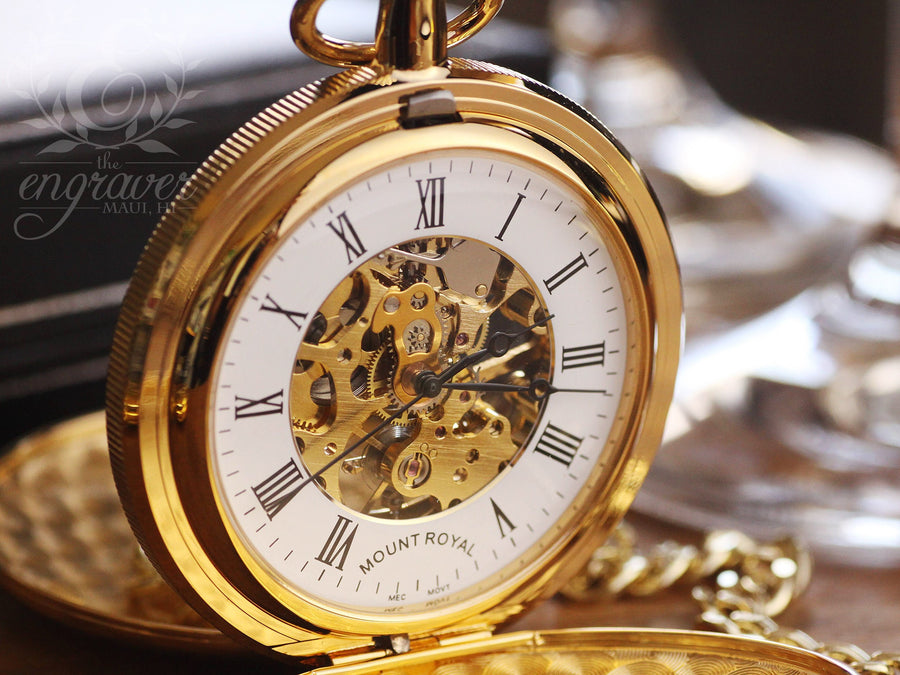 Mount Royal Double Hunter Skeleton Gold Pocket Watch, Personalized Pocket Watch