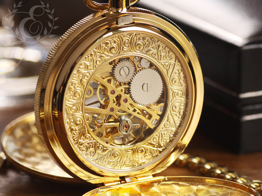 Mount Royal Double Hunter Skeleton Gold Pocket Watch, Personalized Pocket Watch