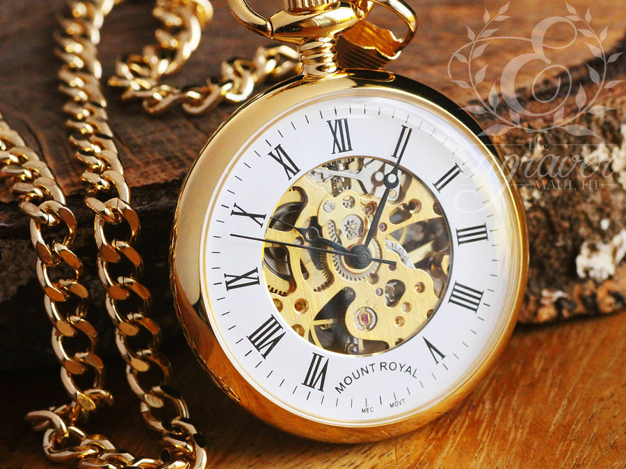 Mount Royal Open Face Skeleton Gold Pocket Watch, Personalized Pocket Watch