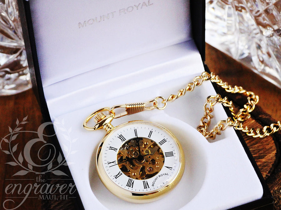 Mount Royal Open Face Skeleton Gold Pocket Watch, Personalized Pocket Watch