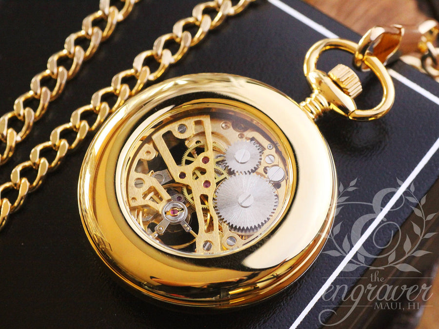 Mount Royal Open Face Skeleton Gold Pocket Watch, Personalized Pocket Watch