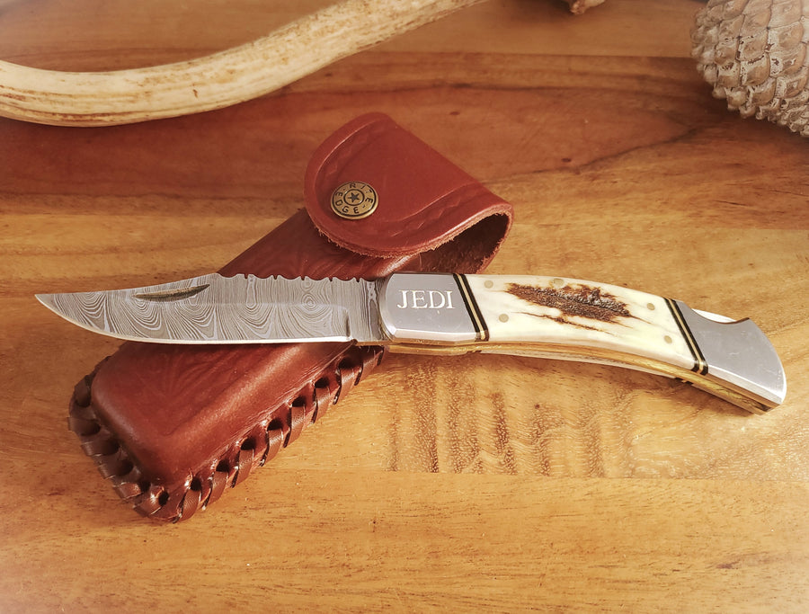 Silver Bolster Large Stag Horn Damascus Steel Knife with Leather Sheath, Damascus Steel Blade Knife